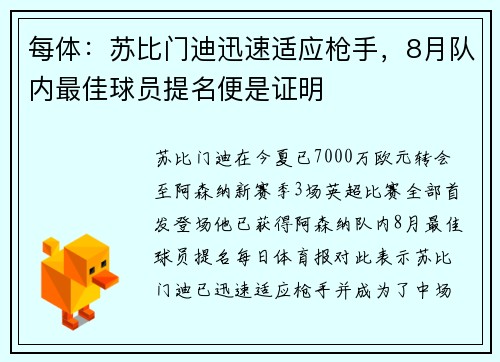 每体：苏比门迪迅速适应枪手，8月队内最佳球员提名便是证明